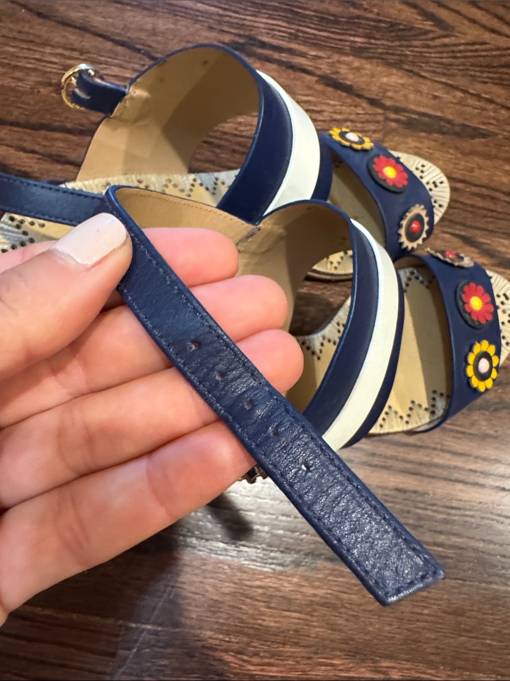 Tory Burch Navy, White & Multicolor Floral Leather Sandals - Picture 2 of 6